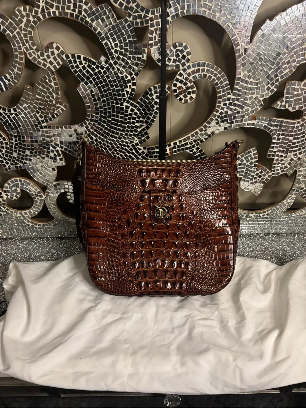 💕Brahmin Croc-Embossed Brown‎ Leather Crossbody Bag